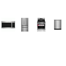 Frigidaire Gallery 4 Stainless : Electric Range Air Fry Convection Oven, 1.9CF OTR MW 400 CFM, 42 dBA Dishwasher, Counter-Depth French 4-Door Refrigerator Internal WD Ice Maker