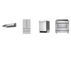 4 Stainless : Verona 36 Inch Electric Range Convection Ovens, FABER 36 Inch Hood 395 CFM, And Sharp Dishwasher 49 dBA, 36 Inch French 4-Door Counter Depth Refrigerator W/Ice Maker