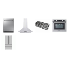 5 STAINLESS PKG : 36" Gas Cooktop, Chimney Hood, DW, Wall Oven, 4DR Refrigerator