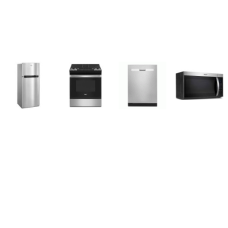 Whirlpool 4 Stainless PKG : Slide In Gas Range Oven, 1.7cf OTR MW, 28" FRIDGE, 3rd Rack 51 dBA Dishwasher