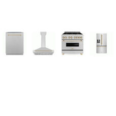 ZLINE 4 STAINLESS W/ Gold Accents PKG : 28.9CF FRENCH 4DR REF WD, 36 Inch Dual Fuel Range Oven, 36 Inch Wall Mount Range Hood, 45dBa DW