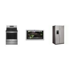 GE 3 STAINLESS STEEL APPLIANCE PACKAGE : GE 30 Inch Smart Integrated Kitchen Hub Built-In Entertainment Ventilation System, Profile 30 Inch Electric Smart Range Air Fry True Convection Oven, 25.3 cu. ft. Side by Side Refrigerator Ice and Water Dispenser