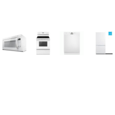 4 WHITE APPLIANCE PKG : Amana 1.6CF 300CFM OTR MW, Dishwasher, Smooth Top Electric Range Oven And Element 30 Inch Freestanding Bottom-Freezer Refrigerator 18.7CF