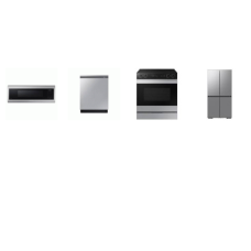 Samsung 4 Stainless : Smart 4-Door Flex French Door Refrigerator 29 cu. ft. FlexZone Beverage Center Dual Ice Maker Internal WD, Slide-In Electric Smart Range Convection+ Oven  Air Fry, Slim OTR MW, Dishwasher 42 dBA