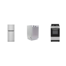 3 STAINLESS APT SIZE APPLIANCE : Whirlpool 24"W 11.6 cu. ft. Top Freezer Refrigerator, Element 20" GAS RANGE OVEN, AND AVANTI 18" Dishwasher