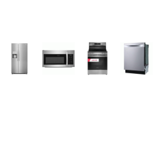 FRIGIDAIRE 4 STAINLESS PKG : ELECTRIC RANGE CONVECTION OVEN AIR FRY, 1.8CF OTR MW, Dishwasher 49dBA STAINLESS INTERIOR, 26CF SBS FRIDGE EXT WD