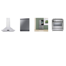 4 STAINLESS : Verona Induction Range Convection Oven, 36 Inch Chimney Range Hood 600 CFM, AND SAMSUNG Counter Depth 4-Door Flex French Door Refrigerator AI Family Hub+ Beverage Center Dual Ice Maker, 39 dBA Dishwasher 