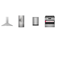 Frigidaire 4 STAINLESS : 36" Gas Range Convection Oven 6 Burners Air Fry, 36" Canopy Wall-Mount Hood 400 CFM, Dishwasher 52 dBA, Counter Depth Side by Side Refrigerator