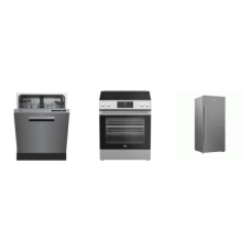 beko 3 stainless Steel Appliance PKG : Slide-In Electric Range Oven, 48 dBA Dishwasher, Counter-Depth 30" Bottom Freezer Refrigerator 16CF RIGHT HINGE
