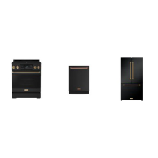 Thor Kitchen Gordon Ramsay Collection 3 BLACK W/Bronze TRIM APPLIANCE PKG : Gas Range Oven Tilt Panel Touch Controls Commercial Convection Self Clean, 49 dBA Dishwasher, 36 Inch French Door Counter Depth Refrigerator Automatic Ice Maker 