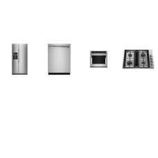 KitchenAid 4 Stainless :  30" Single Wall Ovens Air Fry, 30" Gas Downdraft Cooktop, Dishwasher 47 dBA, Counter-Depth Side-by-Side Refrigerator Exterior Ice and Water 