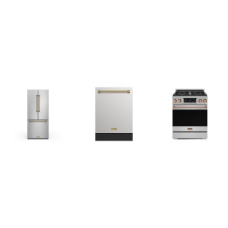 Thor Kitchen Gordon Ramsay 3 Stainless W/Bronze Handles & Logo PKG : 30 Inch Professional Gas Range Commerical Convection Oven, Dishwasher 49 dBa, 30 Inch Freestanding French Door Counter Depth Refrigerator Automatic Ice Maker