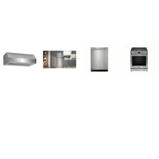 Frigidaire Professional 4 Stainless : 30" Gas Range No Preheat Air Fry, 30" Under Cabinet Range Hood 400 CFM , 24" Dishwasher CleanBoost 47 dBA, 20 Cu. Ft. Garage Ready Top Freezer Refrigerator