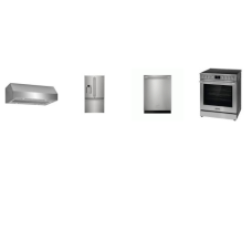 Frigidaire Professional 4 Stainless : 30" Electric Slide In Range Convection Oven No Preheat and Air Fry, 30" Under Cabinet Range Hood 400 CFM , 24" Dishwasher CleanBoost 47 dBA, 23 Cu. Ft. Counter-Depth French Door Refrigerator WD