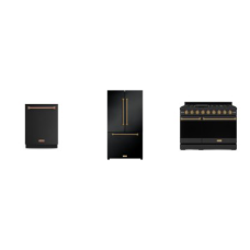 Thor Kitchen Gordon Ramsay Collection 3 Black W/ Bronze Handles & Logo : 36 Inch French Door Counter Depth Refrigerator Automatic Ice Maker, 24" Dishwasher 49 dBA, 48 Inch Professional Gas Range Commerical convection Oven 7 BURNERS Dual Oven