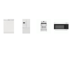 4 WHITE APPLIANCE PKG : Smooth Top Electric Range Oven, 1.7CF OTR MW, 55 dBA Dishwasher, 28CF French Door Refrigerator WD