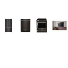 Kitchenaid 4 Black Stainless : Electric Slide-In Convection Range Oven, OTR Microwave Flush Built-In Design, 44 dBA Dishwasher, Counter-Depth French Door Refrigerator with Interior Dispense