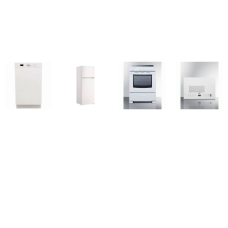 APT SIZE 4 WHITE APPLIANCE PKG : Summit 24" SLIDE IN Electric Smooth-top Range Oven, 24" OTR Microwave, And Avanti 18" Dishwasher, 24" 10CF Top Freezer Refrigerator