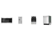 4 STAINLESS STEEL APPLIANCE PACKAGE : LG 28CF French 4-Door Refrigerator EXT WD, Sharp 49 dBA Dishwasher, And Amana Gas Range Oven, 1.6CF OTR MW 300 CFM