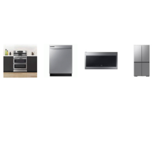 Samsung 4 STAINLESS : Gas Smart Range Convection+ Air Fry Self-Clean Flex Duo Oven, 2.1CF OTR MW 400CFM, Dishwasher 53 dBA, 36 inch 4-Door Flex Refrigerator 29 cu. ft. Beverage Center