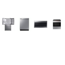 Samsung 4 STAINLESS : Slide-In Induction Range Convection Oven Air Fry,  2.1CF OTR MW 400CFM, 53 dBA Dishwasher, 28 cu. ft. Food Showcase French 4-Door Refrigerator EXT WD