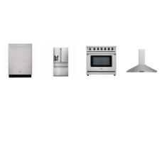 Thor Kitchen 4 Stainless : 36 Inch Professional Gas Range 6 Brs Convection Fan Oven, Pyramid Shape Range Hood, Dishwasher 46 dB 3rd Rack, 36 Inch Counter-Depth French 4-Door Refrigerator WD