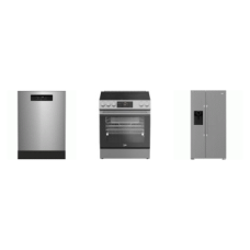 beko 3 STAINLESS STEEL APPLIANCE PKG : Slide-In Electric Range Convection Oven Warming Drawer Air Fry, Dishwasher 45 dBA 3RD RACK, 36" Side by Side Refrigerator with Harvestfresh EXT WD
