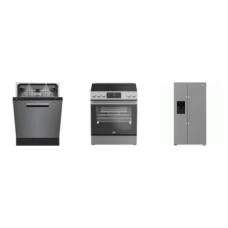 beko 3 STAINLESS STEEL APPLIANCE PKG : Slide-In Electric Range Convection Oven Warming Drawer Air Fry, Dishwasher 39dBA, 36" Side by Side Refrigerator with Harvestfresh EXT WD