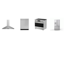 Thor Kitchen 4 STAINLESS : 28.9CF French Door Refrigerator Ice Makers Water Dispenser, 36 Inch Wall Mount Hood 550 CFM, AND Gordon Ramsay Dishwasher 49 dBa, 36 Inch Electric Range True Convection Air Fry