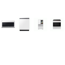 SAMSUNG 4 White Glass : Slide-in Induction Range Convection+ Oven, 2.0CF OTR MW, 46dBA Dishwasher, French 4-Door Refrigerator AI Family Hub+ 