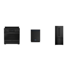 Thor Kitchen Gordon Ramsay Collection 3 MATTE BLACK: 36" Gas Range European True Convection Oven, Dishwasher 49 dB, 30"W French Door Counter Depth Refrigerator Ice Maker