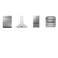 4 STAINLESS : 36" Induction Range Convection Oven, 36 Inch Chimney Range Hood, SAMSUNG Counter Depth French Door Refrigerator AutoFill Water Pitcher Ice Maker, 42 dBA Dishwasher 