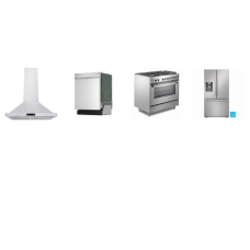 4 STAINLESS STEEL APPLIANCE PKG : VERONA Ultima 36" Gas Range Convection Oven,  36 Inch Chimney Range Hood 900 CFM, And Sharp 49 dB Dishwasher, 28.9CG French 3-Door Refrigerator with Water Dispenser