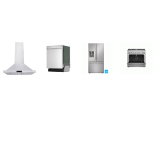 4 STAINLESS STEEL APPLIANCE PKG : Forno 36" Gas Range 6BRS Convection Oven, Verona 36 Inch Chimney Range Hood 900 CFM, Sharp 49 dB Dishwasher, 28.9CG French 3-Door Refrigerator with Water Dispenser
