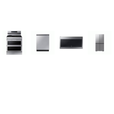 Samsung 4 STAINLESS : Electric Range Flex Duo Air Fry Griddle Convection, 2.1cf Bottom Controls OTR MW 400CFM, 42dBA Dishwasher StormWash+, Counter Depth 4-Door French Refrigerator AI Hybrid Cooling & Beverage Center