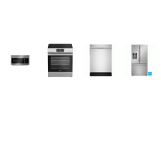 4 STAINLESS STEEL APPLIANCE PKG : BEKO SLIDE IN ELECTRIC RANGE SELF CLEAN OVEN, OTR MW AND SHARP 28.9CF FRENCH DOOR Refrigerator with Water Dispenser, 52dB Dishwasher