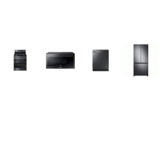 Samsung 4 Black STAINLESS : GAS RANGE Flex Duo Dual Door Convection Oven, 2.1CF OTR MW, 48DBA DISHWASHER, 32.2"W Counter Depth French Door Refrigerator W/ICE MAKER