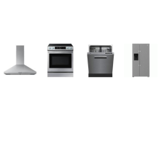 4 STAINLESS : Beko Counter-Depth Side-by-Side Refrigerator EXT WD, 48dBA Dishwasher, AND SAMSUNG Slide-In Electric Range True Convection Oven Air Fry, Wall Mount Chimney Hood 390 CFM