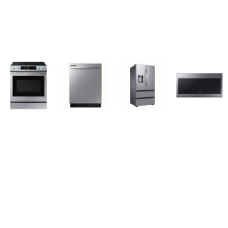 Samsung 4 STAINLESS  : Slide-In Electric Range True Convection Oven Air Fry, 2.1CF OTR MW 400CFM, Dishwasher 53dBA, Counter Depth French 4-Door Refrigerator EXT WD