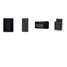 FRIGIDAIRE 4 BLACK APPLIANCE PKG : ELECTRIC SMOOTH TOP RANGE OVEN, OTR MW, Dishwasher ENERGY STAR 55 dBA, 28" 18 Cu. Ft. Top Freezer Refrigerator