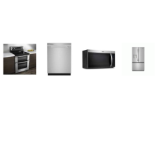 WHIRLPOOL 4 STAINLESS : Electric Double Oven Range True Convection Oven, OTR Microwave, Dishwasher STAINLESS INTERIOR 47 dBA, 30CF French Door Refrigerator Ext WD