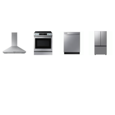 Samsung 4 STAINLESS : Slide-In Electric Range True Convection Oven Air Fry, Chimney Hood 390 CFM, Dishwasher 53dBA, Counter Depth French Door Refrigerator Ice Maker AutoFill Water Pitcher