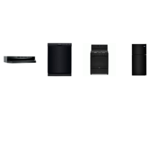 4 BLACK APPLIANCE PKG : WHIRLPOOL GAS RANGE OVEN, BROAN HOOD, FRIGIDAIRE 55 dBA DISHWASHER, MAYTAG 33" Top Freezer Refrigerator 21CF