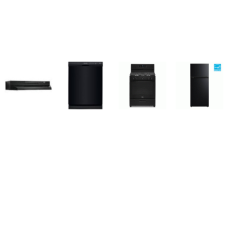 4 BLACK APPLIANCE PKG : GAS RANGE OVEN, DISHWASHER, HOOD, 28" 16.0 cu. ft. Top Freezer Refrigerator 