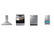 Samsung 4 STAINLESS : Slide-in Electric Range Air Fry Convection Oven, Chimney Hood 390 CFM, Dishwasher 53 dBA, Counter Depth French Door Refrigerator Dual Auto Ice Maker