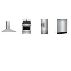 Frigidaire 4 Stainless : Canopy Wall-Mounted Hood 400 CFM, Dishwasher 52dba, Counter Depth SBS Refrigerator External Water/Ice Dispenser, Professional Gas Range Convection Oven