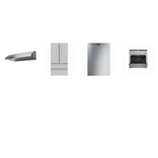 4 STAINLESS STEEL APPLIANCE PKG : Forno 36" Gas Range Convection Oven 6brs, Faber 36 Inch Hood 400 CFM, Smeg 48dBA Dishwasher, Sharp Counter-Depth French 4-Door Refrigerator Ice Maker