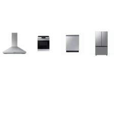 Samsung 4 STAINLESS : Slide In Electric Range Convection Oven, Chimney Hood 390 CFM, AutoRelease 42dBA Dishwasher, Counter Depth French Door Refrigerator AutoFill Water Pitcher 