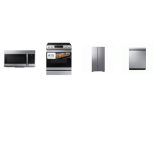 Samsung 4 STAINLESS : Slide-in Electric Range Air Fry Convection Self Clean Oven, 1.7CF OTR MW, Dishwasher 46dBA , 28CF Side-by-Side Smart Refrigerator In-Door Ice Maker 