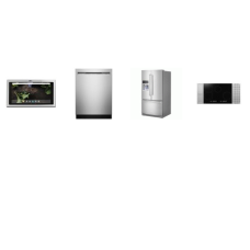 4 STAINLESS PKG : KICHENAID 26.8CF French Door Refrigerator Exterior Ice and Water Dispenser, 46 DBA Dishwasher, GE 600CFM Kitchen Hub HOOD, SHARP 30" INDUCTION COOKTOP